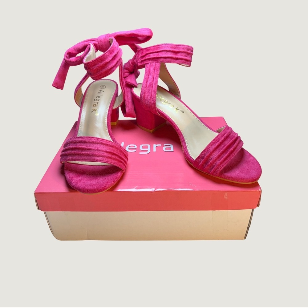 Allegra K Block Heel Sandals 6 Hot Pink Faux Suede Tie Up Ankle Strap